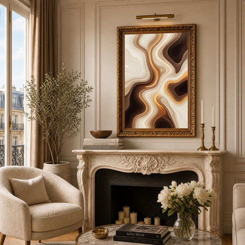 Tableau abstrait à couches ondulées beiges et dorées sur toile, H 24 po x l 16 po