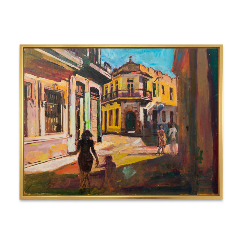 " Painting Representing Sightseeing Tourists Walking ", 12" H x 20" W x 1" D, Gold Floater Framed Canvas