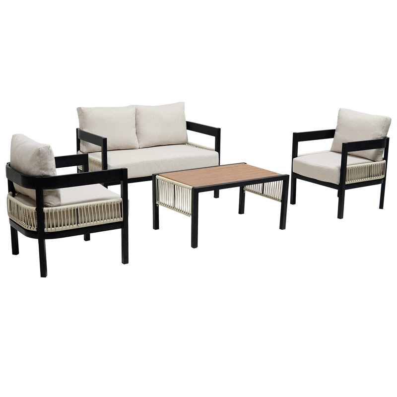 Multi-Person Outdoor Iron Sofa Set With A Table, Beige