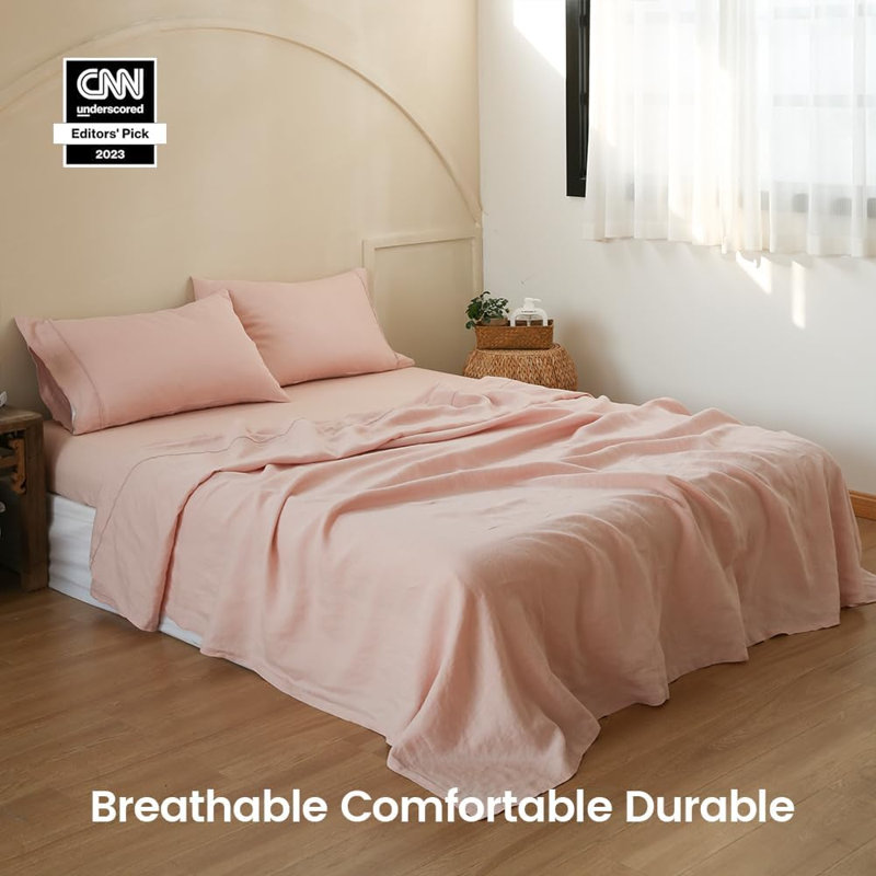 Ensemble de draps 100% lin pur, Twin Sheet Set with 1 Pillowcase, Pink