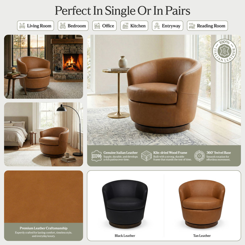 Genuine Italian Leather Swivel Barrel Accent Chair with Wood Base, Fully Assembled, Tan