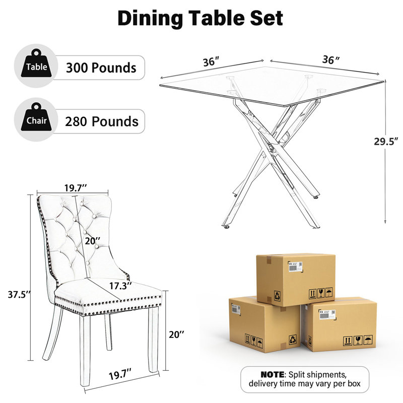 Square Pedestal Dining Set with Tufted Dining Chair, Black, 3 Pieces: Table, 2 Chairs, Silver