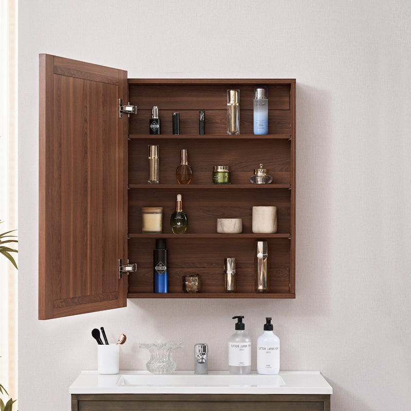 Armoire à pharmacie avec miroir et cadre en bois noyer de 24 po x H 30 po avec tablettes réglables, conception murale ou encastrée pour une mise à jour de salle de bain chaleureuse et élégante