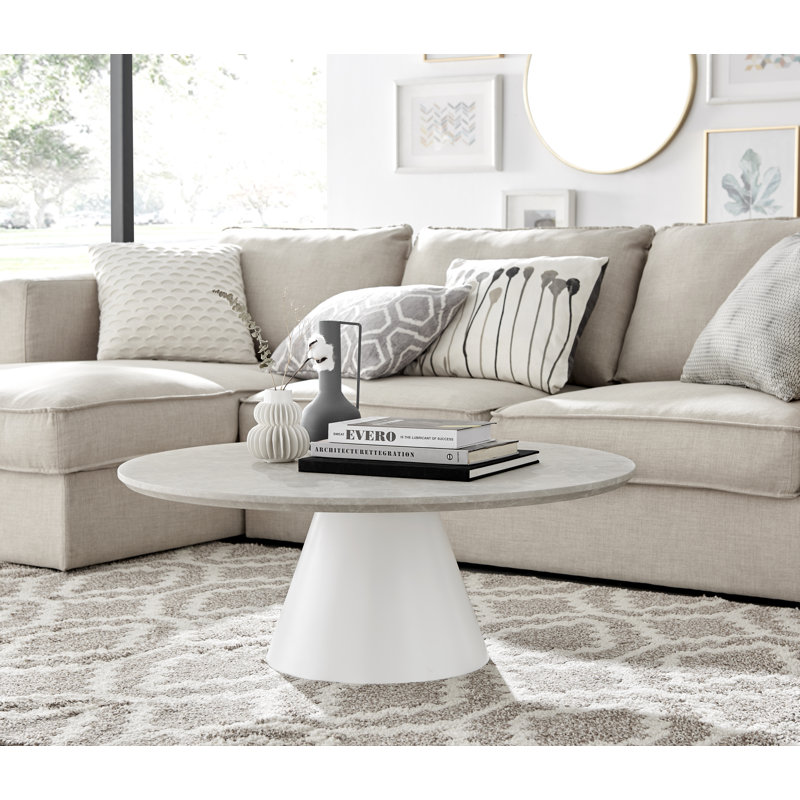 Eubanks Statement Pedestal Coffee Table - Luxury Living Room Centre Table, Beige Stone Top / White Base