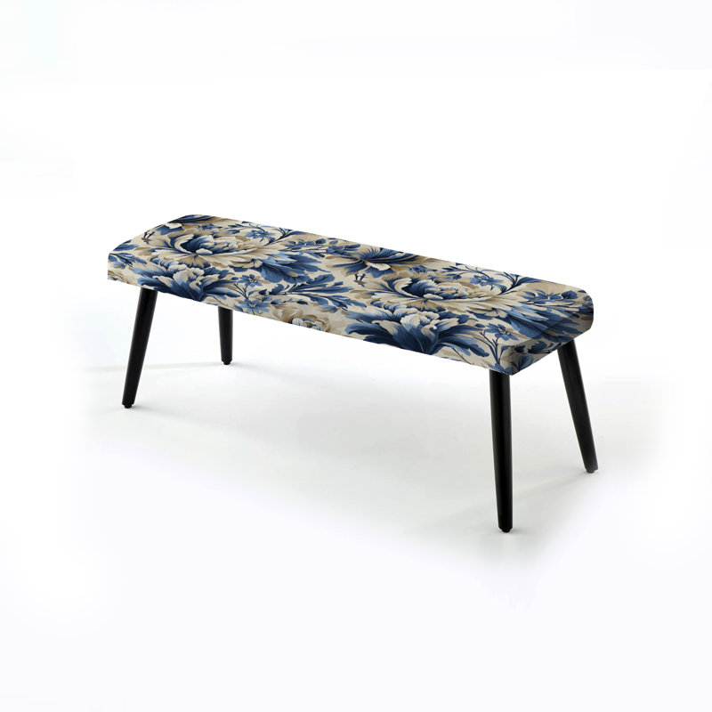 Banc rembourré floral noir Truong, Blue Victorian Ikat Floral Harmony III