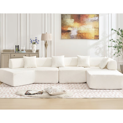 140" L-Shape With Chaise, 4, White - No Assembly, Soft Living Room Fabric Couch Modular 4 Seats Assembly Required, Modern Minimalist Design