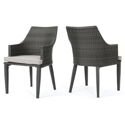 Ellish Outdoor Dining Armchair Set Of 2, Gray Faux Wicker, Metal Frame