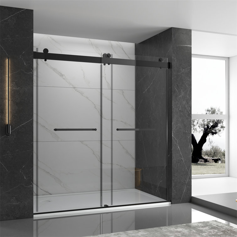 60" W x 76" D x 76" H Tempered Glass Frameless Shower Stall with Soft-closing