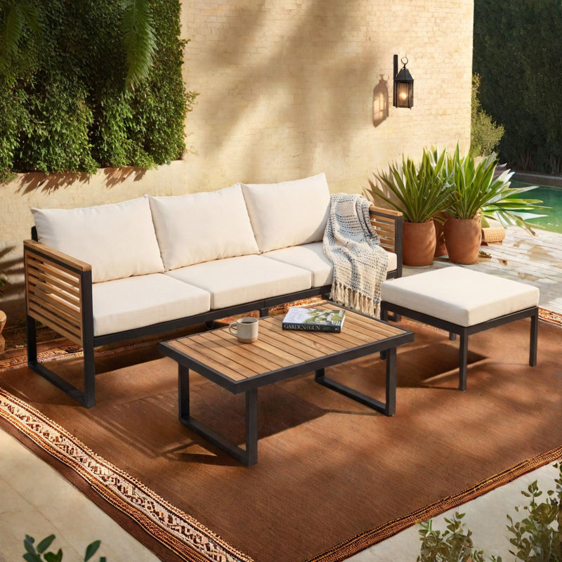 Ensemble de canapé d'extérieur en bois d'acacia et en métal 3 pièces avec table basse et repose-pieds