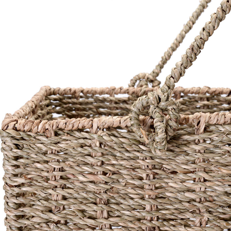 DTX Intl 14-Inch Wicker Staircase Basket with Handles - Handmade L-Shaped Woven Seagrass Stair-Style Storage Organizer - Durable Container