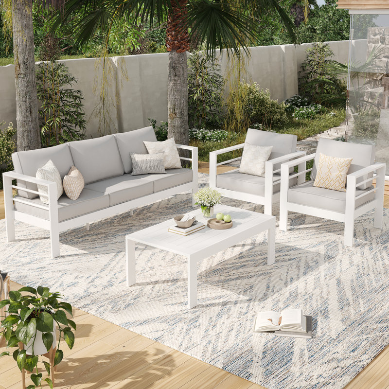 5 - Person Patio Conversation Set with Cushions, White, Light Gray