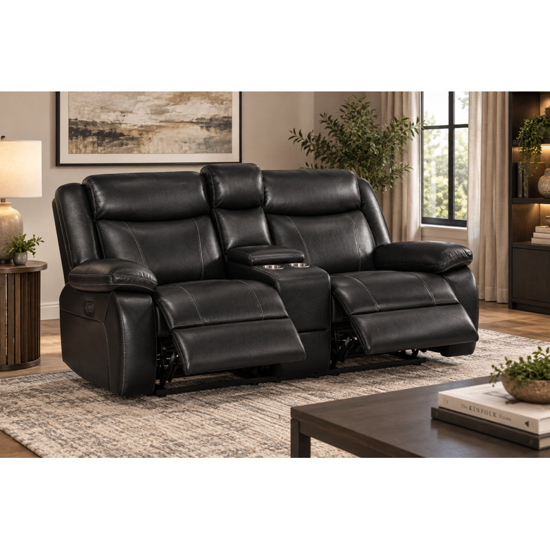 Causeuse inclinable électrique avec chargement USB, console de rangement et porte-gobelets, cuir gonflable, noir