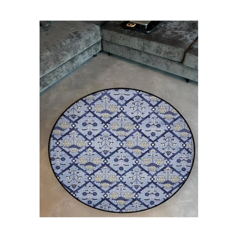 Navy Blue And White Ethnic Patterned Woven Base Modern Decorative Carpet, Round 2'8"