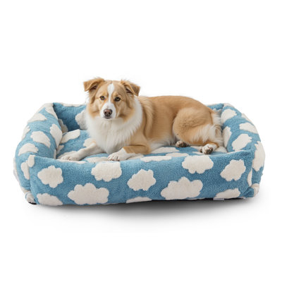 Lit orthopédique confortable pour chien, lit rectangulaire de style canapé avec coins surélevés, housse amovible et lavable, base antidérapante, bleu pour grands chiens