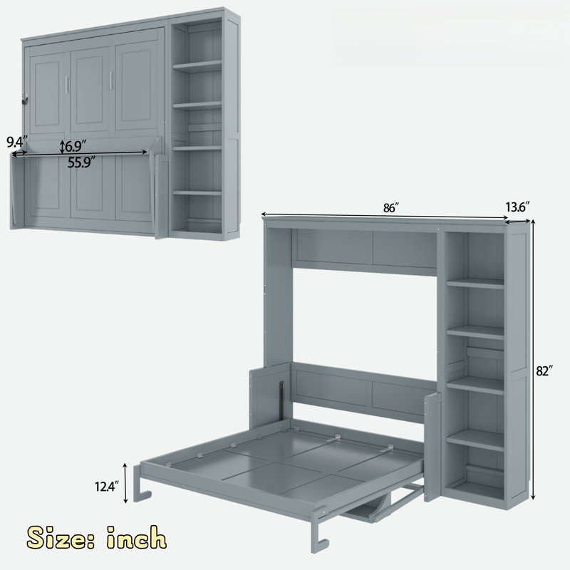 Lit escamotable avec bureau et tablettes Murphy, Gris, Lit double