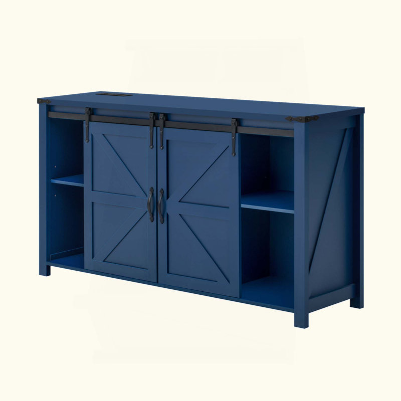 Armoire de rangement avec portes de grange coulissantes et 4 tiroirs, Bleu