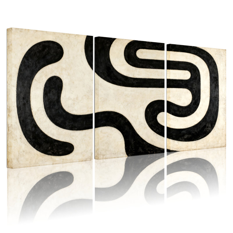 Ensemble de 3 tableaux abstraits en noir et blanc aux lignes courbes, sur toile tendue, pour la décoration du salon et de la chambre.