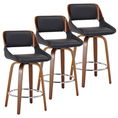 Somerville Mid-Century Faux Leather and Wood 26" Counter Stool with Swivel, Set of 3 - Walnut