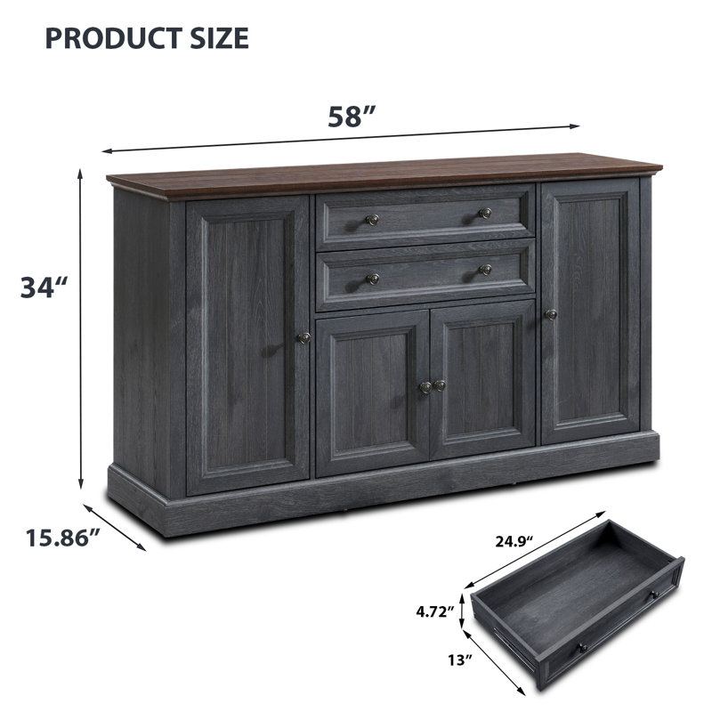 Niyah 58"  Buffet Cabinet with Storage, Sideboard Buffets Cabinet with 4  Doors and 2 Drawers, Dark Grey/Brown