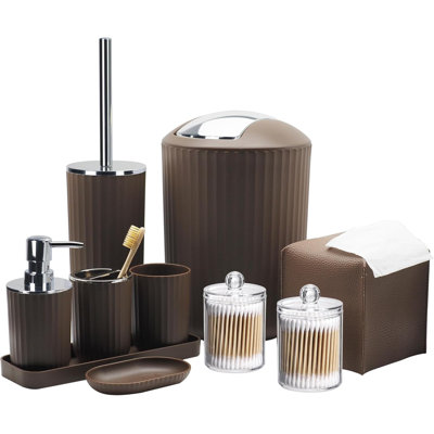 Ensemble d'accessoires de salle de bain - Ensemble d'accessoires de salle de bain brun 10 pièces avec poubelle, porte-brosse à dents et tasse, distributeur de savon, porte-savon, porte-brosse de toilette, plateau de coiffeuse, support de Qtip, couvercle de boîte à mouchoirs