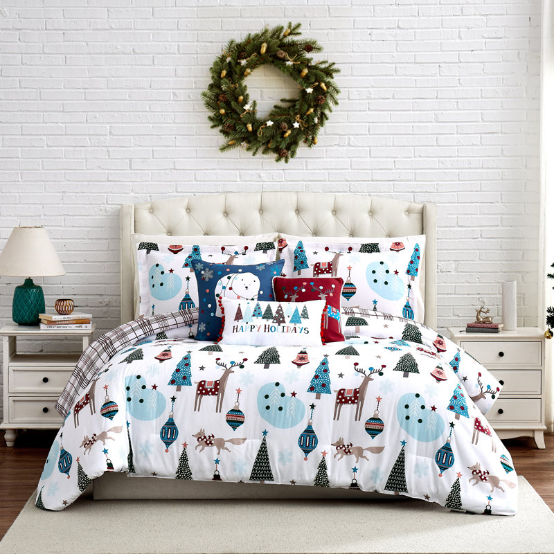 Ensemble d'édredon réversible en microfibre bleu / blanc Winter Wonderland, Édredon de grande taille et 5 pièces supplément