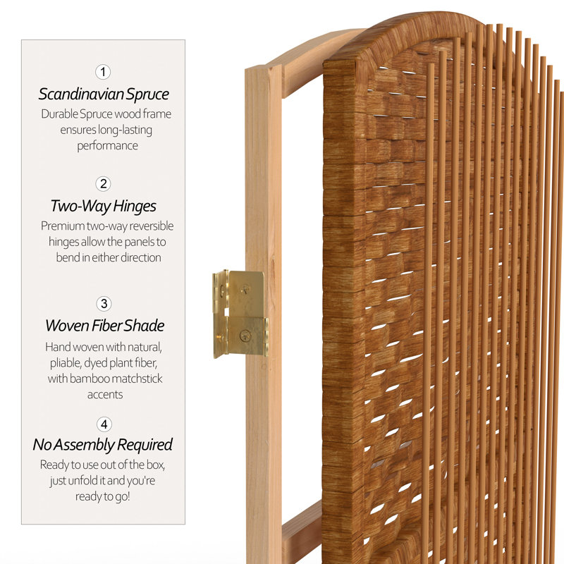 71" Tall Diamond Weave Fiber 6 Panel Room Divider, Dark Beige, 5