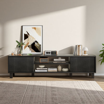 Meuble télé moderne pour téléviseur de 70 po ou moins, grande console multimédia avec rangement et tablettes ouvertes, centre de divertissement élégant pour le salon