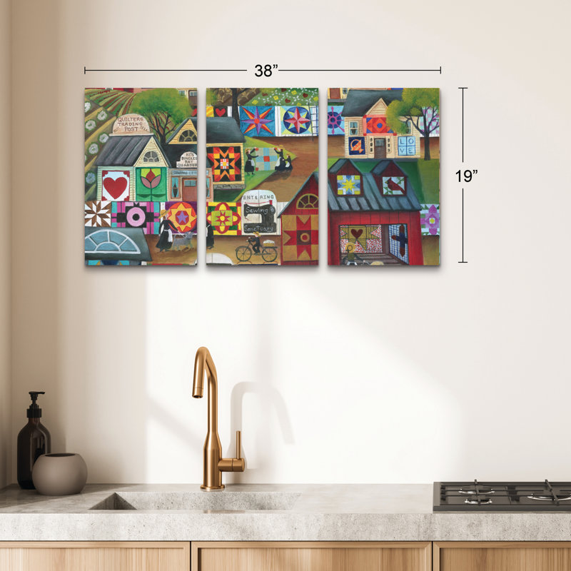 Ensemble de 3 panneaux d'art mural - "Mylas Country Quilts" par Cheryl Bartley 