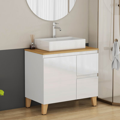 Ensemble de meuble-lavabo moderne de 31,5 po avec lavabo combiné, 1 porte et 2 grands tiroirs, système de fermeture en douceur, conception sans poignée, comptoir et pieds en bois massif naturel, lavabo carré en céramique sur le comptoir, blanc brillant