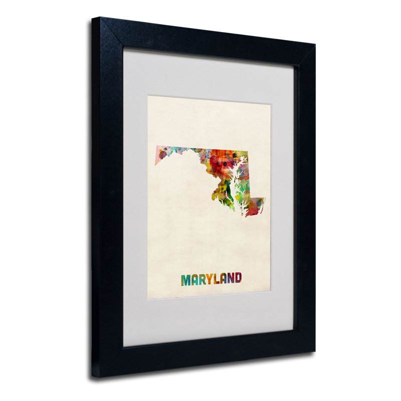 « maryland map » par michael thompsett, impression encadrée, H 14 po x l 11 po x P 0,5 po, Noir
