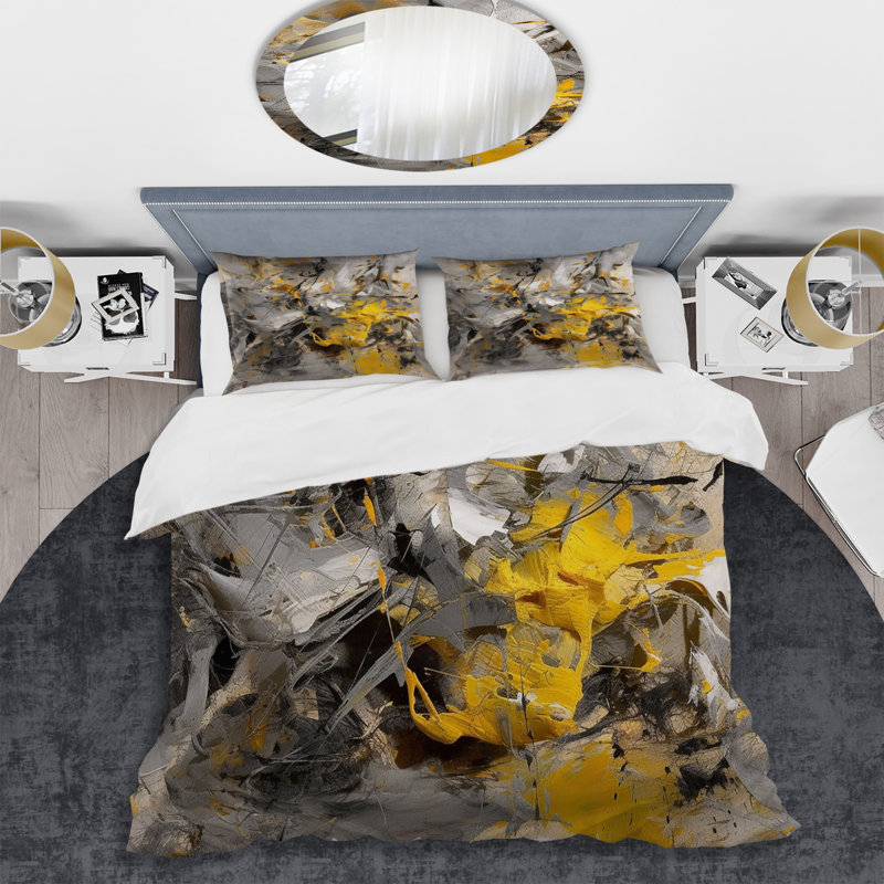 Mustard Yellow And Vivid Grey III - Abstract Duvet Cover Set, King Duvet Cover + 2 King Shams