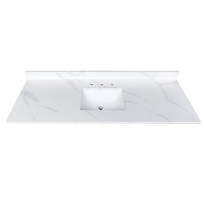 Plateau de meuble-lavabo en quartz 61 po, lavabo central encastré à simple cuve de 3/4 po d'épaisseur, dosseret de 4 po de hauteur, 3 trous de robinet pré-percés, résistant aux taches et à la chaleur, quartz blanc de Carrare avec veines