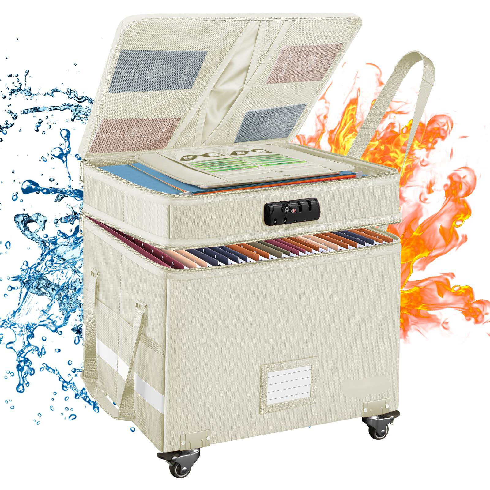 Fish hunter Fireproof Document Box With Lock,2-Layer File Box With Wheels,Collapsible File Storage Organizer With Pockets,Large Portable Office Filing Cabinet For Hanging Folders,Beige,16''X13.8''X12.2 | Wayfair