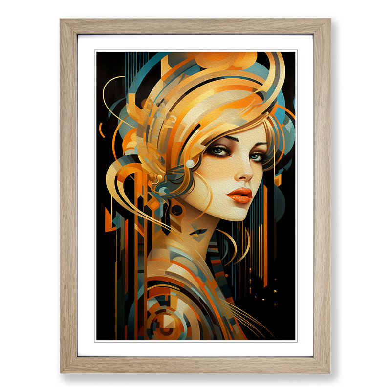Art Deco Woman Modern Art Framed Print, 34cm H x 25cm W, Oak Framed