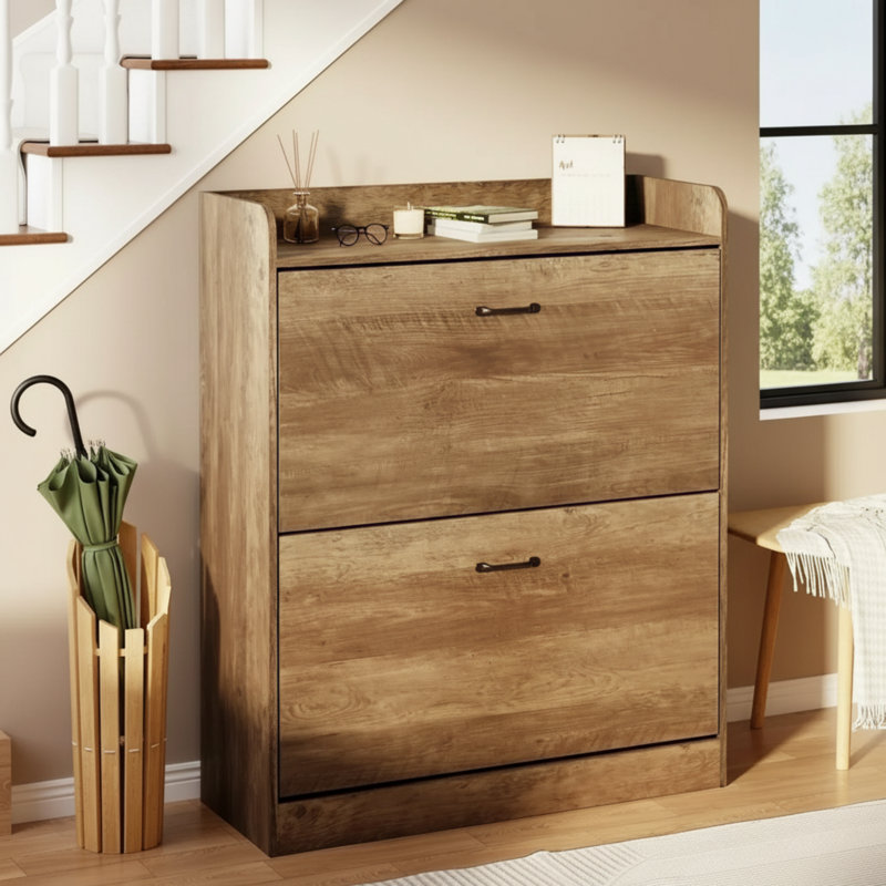 This Brown, Farmhouse-Style Shoe Cabinet Features Double Flip-Top Drawers, 5 Storage Shelves, Metal Legs, And A Narrow, Independent Design, Making It Suitable For Entryways And Hallways.