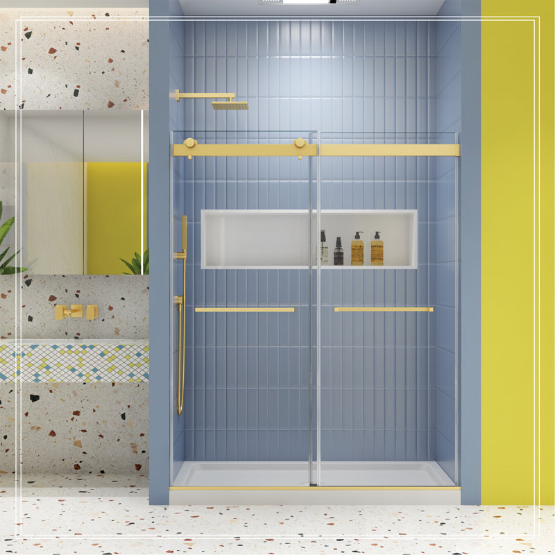 Porte de douche à dérivation, porte coulissante, système de fermeture en douceur, avec verre trempé de 5/16 po, Or brossé