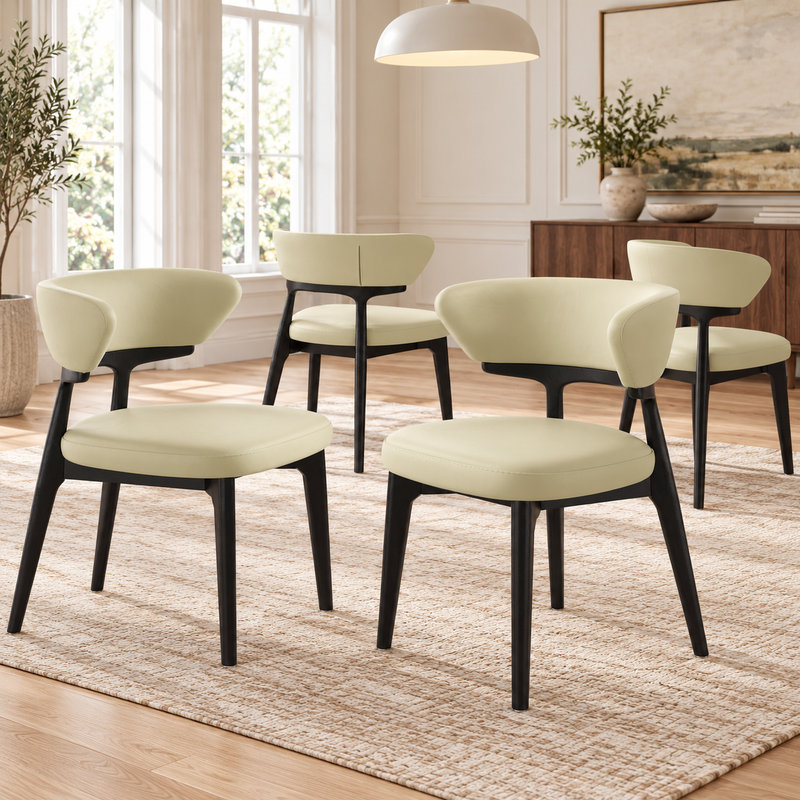 Modern Fully Assembled Dining Chairs Set, Faux Leather With Solid Wood Legs, 4, Khaki, Black