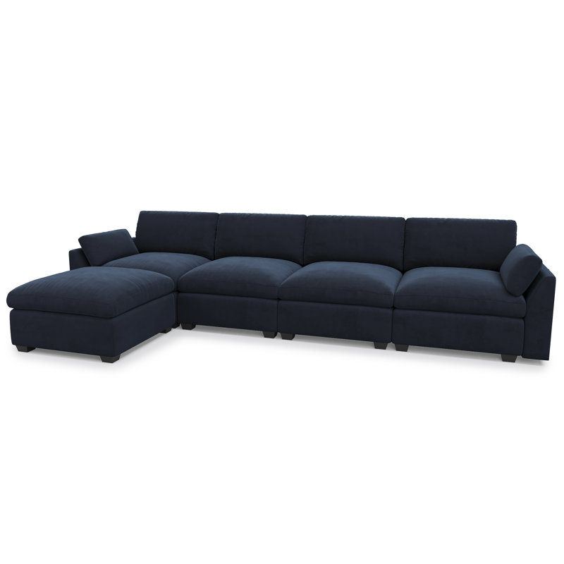 Canapé modulaire en L en velours avec repose-pieds mobile, Velours bleu