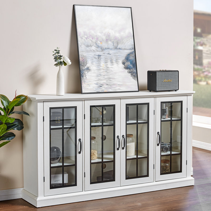 Buffet moderne avec portes en verre l 62,9 po Alvilda, Blanc patiné