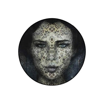 Woven Carpet With A Woman's Face Pattern And Floral Motifs In Dark Tones
