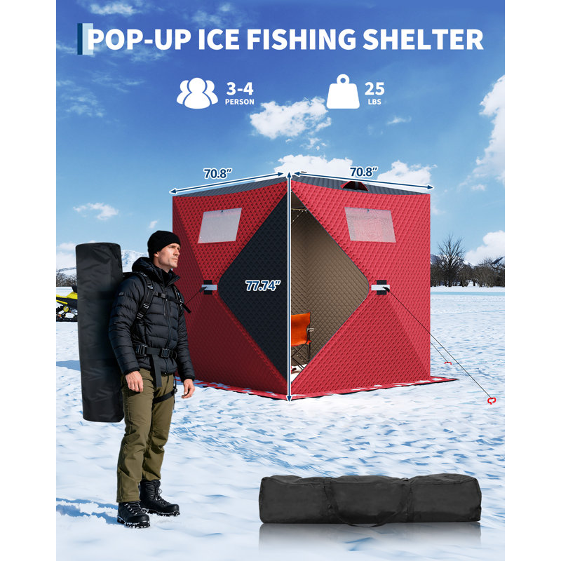70,8 * 70,8 * 77,74 NCH Tente de pêche sur glace isolante rouge et noire avec support en tissu Oxford