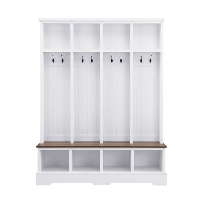 Farmhouse Hall Tree with 8 Hooks, Practical Entryway Bench with Open Compartments, 76.7"H Modern 3-in-1 Wooden Style Coat and Shoe Rack
