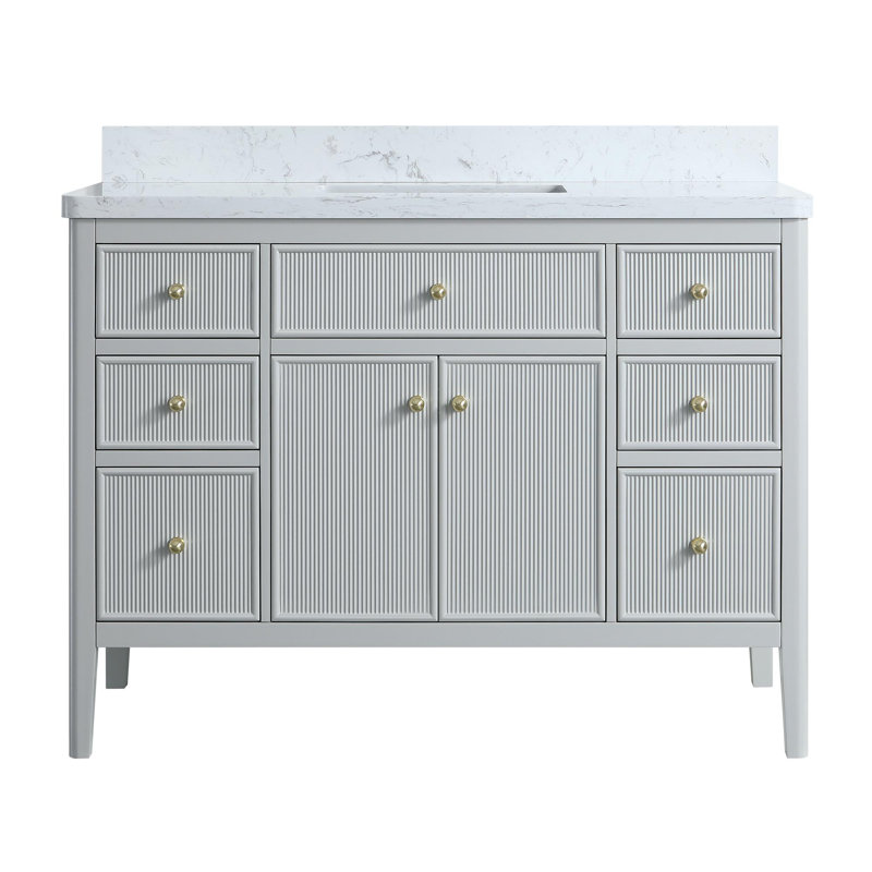 Ensemble de meuble-lavabo sur pied simple 48 po avec structure en bois massif et plateau en marbre d'ingénierie, Gris