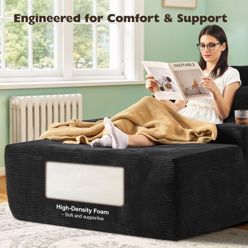 Boneless No Assembly Required Compression Packed 1-piece Cloud Modular Upholstered Sectional Sofa, Black Polyester