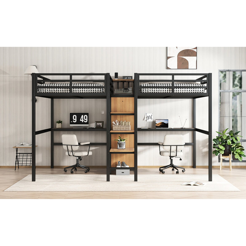 Lit mezzanine simple en métal avec bureau double, rangement et prises de courant, espace de réduction de bruit - Apparence au-dessus d'un lit simple, garde-robe, tablettes, prise électrique pour une recharge pratique, économie