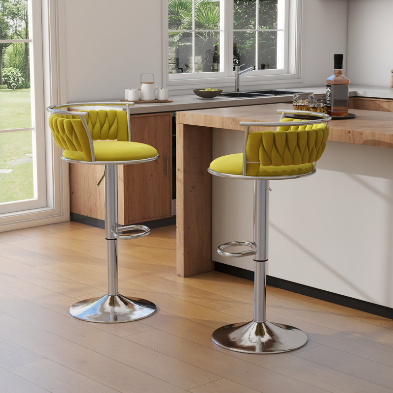 Tabouret de bar pivotant avec dossier Ginko, Olive terne, Argent argent