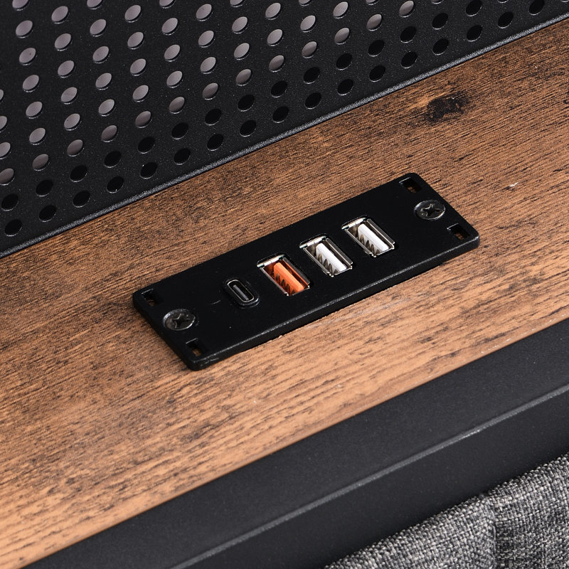 Lit plateforme tapissier avec tête de lit à DEL et tablette de rangement - Gris pleine grandeur et lattes en métal lourd avec éclairage, gris, sans sommier, ports de charge pratiques