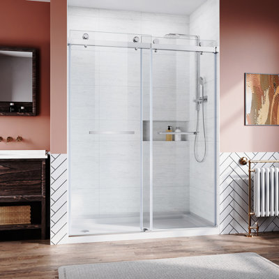 Frameless Sliding Shower Glass Door 56-60" W X 76" H,3/8"(10Mm) Thick Clear Tempered Glass,Heavy Duty Stainless Steel Hardwares