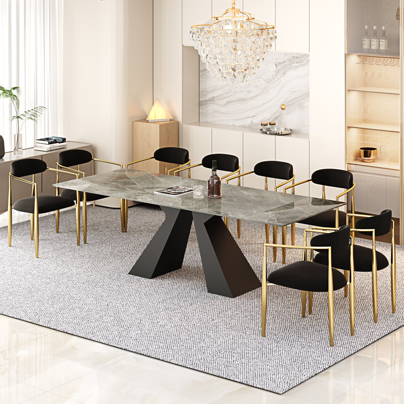 9 - Piece Dining Table Set With 94.5'' Extendable Sintered Stone Dining Table And 8 Fabric Chairs, Black/Gold