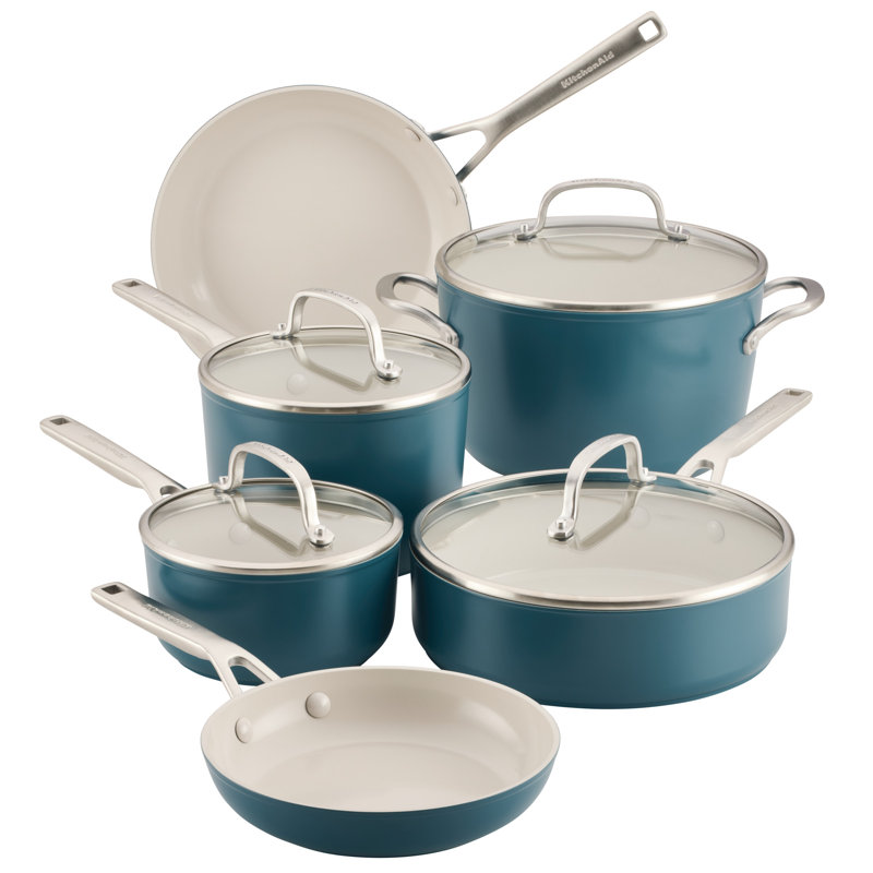 Kitchenaid Hard-Anodized Ceramic Induction Cookware Set, 10 Piece, Agave, Blue